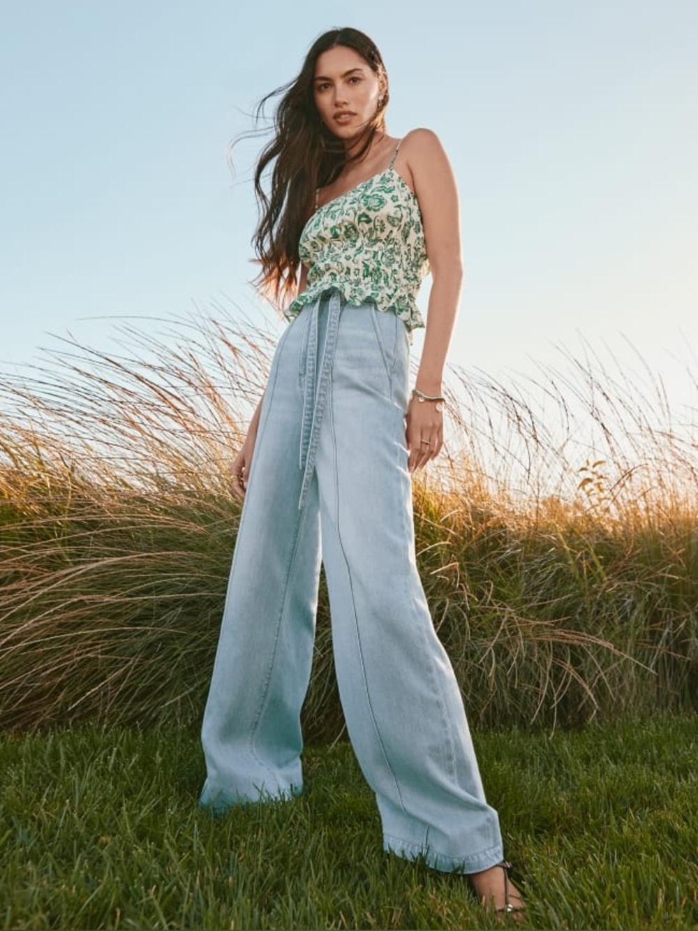 Loft Tie Waist High Rise Palazzo Jeans in Light Wash